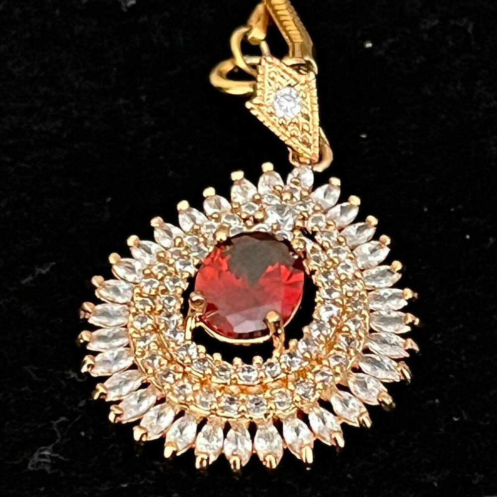 Pear Shaped Crystal Pendant Necklace with Oval Ruby Glass